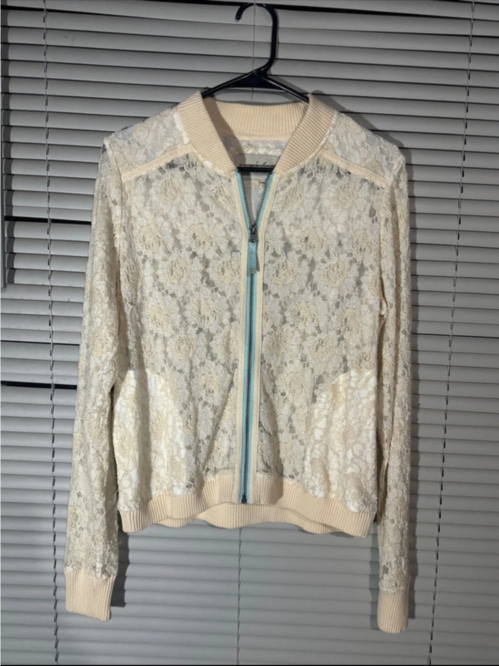 evy's tree Cream Lace Zip Bomber Jacket with Light Blue Zipper